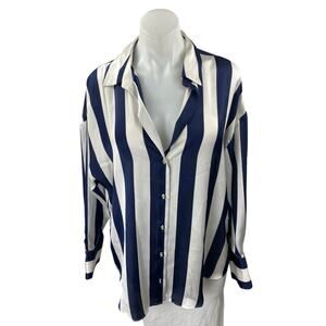 Zara Women's Blue White Striped Oversized Button Down Long Sleeve Shirt Top Sz L